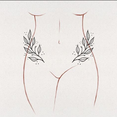 Nature Women Tattoo, Flowy Line Tattoo, Body Shaping Tattoos, Spinal Tattoos For Women, Sternum Tattoo Floral, Inner Hip Tattoos Women, V Line Tattoos Women, Panty Line Tattoo, Symmetrical Hip Tattoos