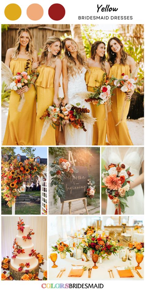 Wedding Themes Sunflower Color Schemes, Rustic Yellow Wedding Theme, Sunflower Dresses Wedding, Sunflower In Bouquet, Red Orange Yellow Wedding Decor, Yellow And Rust Wedding, Yellow Fall Wedding Theme, Canary Yellow Wedding Color Schemes, Red And Yellow Bridesmaid Dresses