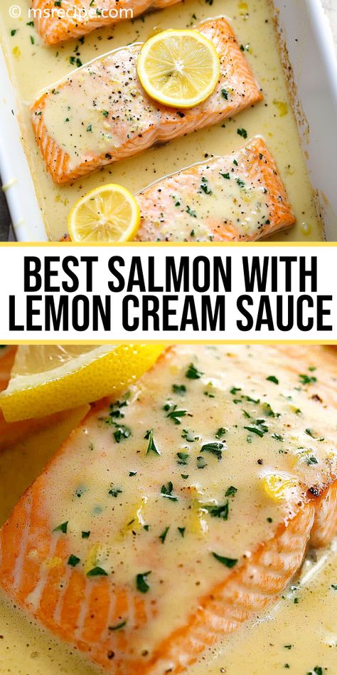 Love salmon? Try this easy Salmon with Lemon Cream Sauce recipe! A delicious balance of zesty lemon and rich cream that coats tender salmon fillets. A dish the whole family will enjoy! Salmon And Sauce Recipes, Salmon Lemon Dill Cream Sauce, Salmon Heavy Cream Recipes, Baked Salmon With Cream Sauce, Salmon And Sour Cream Recipes, Grilled Salmon Sauce Recipes, Lemon Cream Salmon, Salmon Lemon Dill Sauce, Baked Fish With Lemon Cream Sauce