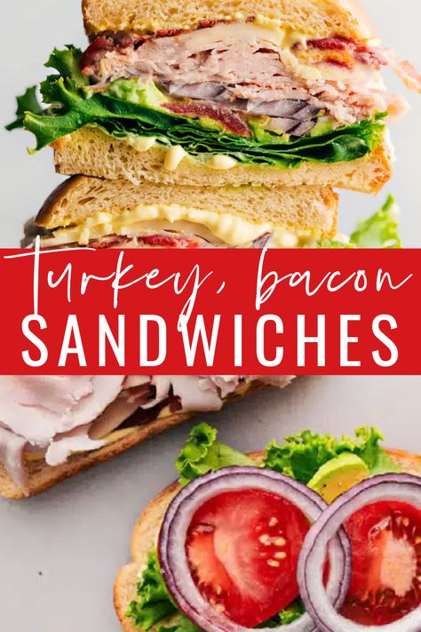 This Turkey Bacon Avocado Sandwich brings together creamy avocado, savory turkey, and crispy bacon on toasted sourdough, topped off with an amazing three-ingredient sandwich sauce. It’s the absolute best sandwich! #dinner #quick #easy #simple #leftoverturkey #familyfriendly #kidfriendly #turkeybaconavocado #turkeysandwich Sourdough Turkey Sandwich, Turkey And Bacon Sandwich, Turkey Bacon Swiss Sandwiches, Shredded Turkey Sandwiches, Turkey Breast Sandwich, Turkey Bacon Sandwich, Bacon Avocado Sandwich, Turkey Sandwich Recipes, Bread Meals