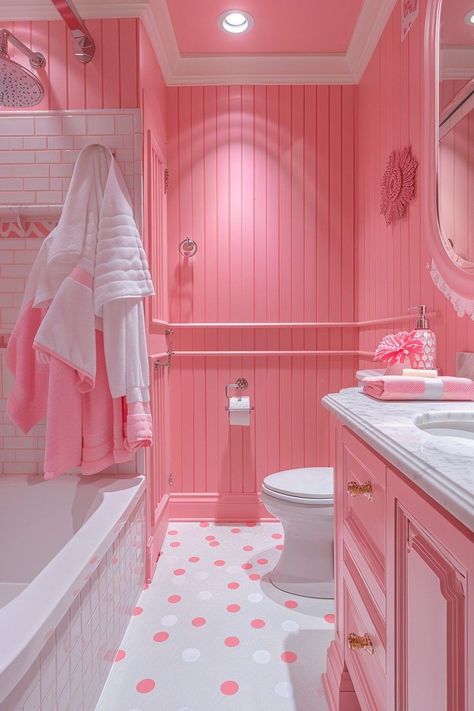 Pink And White Bathroom, Pink Bathroom Vanity, Playful Bathroom, Pink Bathroom Decor Ideas, Girly Bathroom Decor, Girly Bathroom Ideas, Retro Pink Bathroom, Barbie Bathroom, Girly Bathroom