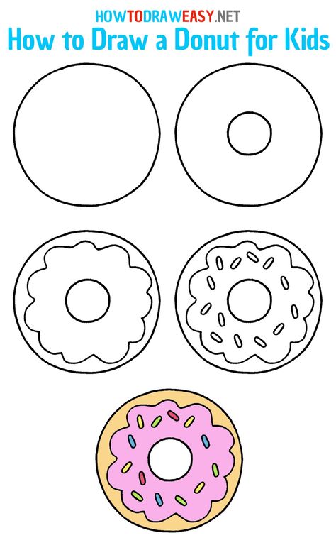 How to Draw a Donut #Donut #Donuts #DunkinDonuts #TheSimpsons #Homer #HomerSimpson #Food #FastFood How To Draw A Donut Step By Step, Simple Donut Drawing, How To Draw A Doughnut, Step By Step Drawing For Preschoolers, Easy Pictures To Draw For Kids, How To Draw Donut, How To Draw A Donut, Drawing Ideas For Kids Step By Step, Donut Art Project For Kids