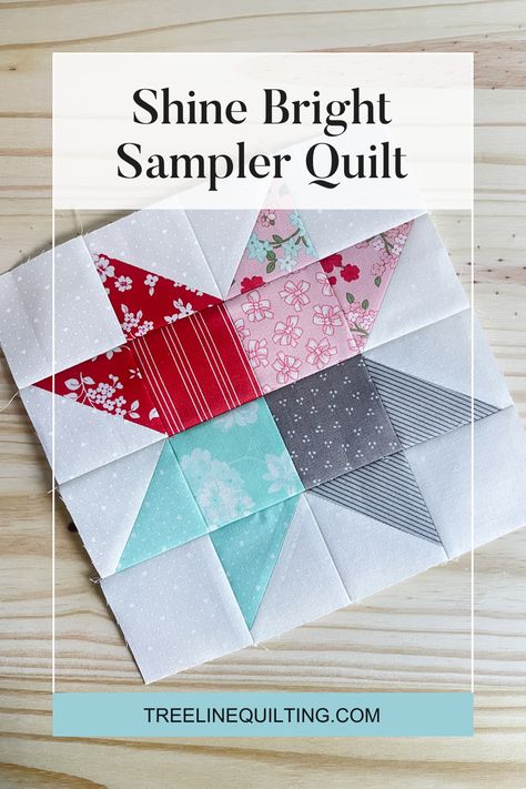 Explore the first blocks of the Shine Bright Sampler Quilt Along from Fat Quarter Shop. Witness the beauty of the Lighthearted fabric collection in action, adorning the lovely designs of Month 1 blocks Quilting Stars, Thimble Blossoms, Quilt Blocks Easy, Quilting Blocks, Quilted Table Runners Patterns, Saw Tooth, Sampler Quilts, Scrap Quilt Patterns, Scrap Quilt