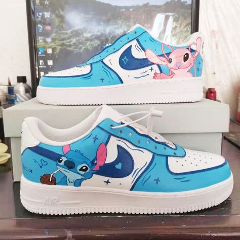 Custom Made To Order Footwear   - Authentic   - Brand New  - Free Worldwide Shipping   - High quality custom sneakers  - Original shoe box and accessories. - Best quality waterproof and scratch-proof paints used. Air Force 1 Stitch, Blue Custom Air Force 1, Shoe Embroidery, Lilo And Stitch Merchandise, Custom Shoes Diy, Angel Blue, Nike Shoes Girls, Stitch Clothes, All Nike Shoes