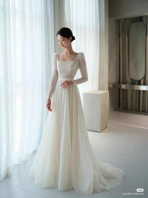 Long Sleeve Square Neck A Line Wedding Dress, Slender Wedding Dress, U Neck Wedding Dress, Wedding Dress Long Sleeve Classic, Church Wedding Dresses, Academia Wedding Dress, Wedding Gown Vintage Classy, Korean Bride Dress, Korean Wedding Dress Simple