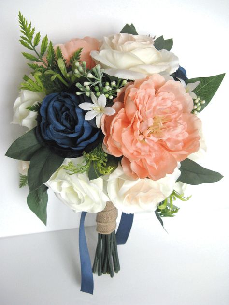 Blue And Coral Bouquet, Colorful Homecoming Bouquet, Navy Coral Wedding, Navy Blue And Peach Wedding Theme, Navy Peach Wedding, Navy Blue And Coral Wedding, Blue Ranunculus, Navy Blue Bouquet, Peach Bridesmaid