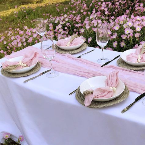 PRICES MAY VARY. Polyester What You Get: You will get 1 pack 10 ft light pink cheesecloth table runner, 6 pack napkins, 6 pack napkin rings. Perfect for most tables. You can twist the cheesecloth table runner around the tabletop or let it cascade down like a beautiful waterfall Boho Cheesecloth Table Runner and Napkins: Made from polyester, this shabby chic cheesecloth table runner and napkins are soft, durable, and lightweight. The sheer gauzy texture of cheesecloth fabric adds visual interest Floor Dinner Setup, Pink Tablescape Party, Pink Dinner Party Table Settings, Pink Table Set Up, Pink And White Table Decor, Baby In Bloom Table Decor, Pink Table Scape, Pink Cheesecloth Table Runner, Table Decorations For Birthday