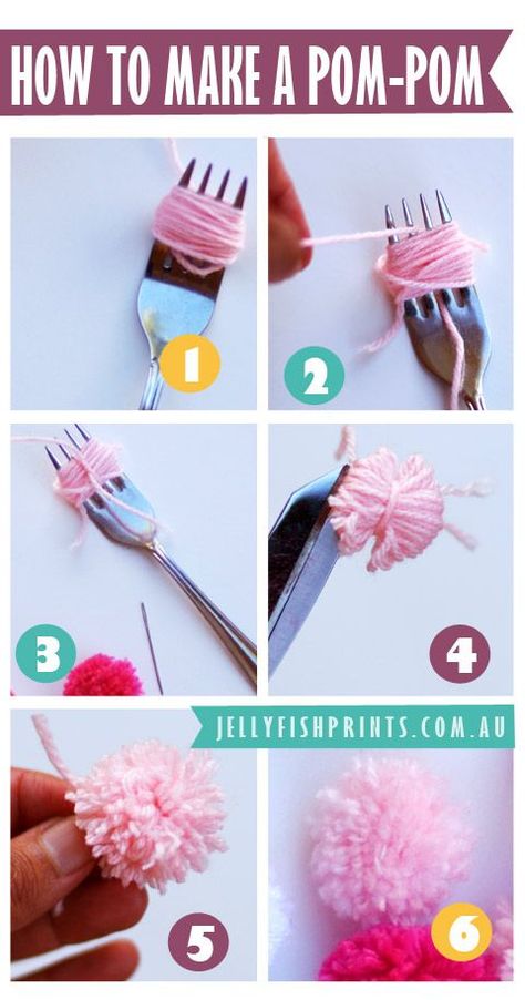 how to make a pom pom with a fork and wool or yarn. sooo old skool. there is also tutorial for a pompom garland. jellyfishprints.com.au Pompon Diy, Pola Macrame, Jellyfish Print, Diy Hack, How To Make A Pom Pom, Diy Pom Pom, Hemma Diy, Pom Pom Crafts, Quick Diy