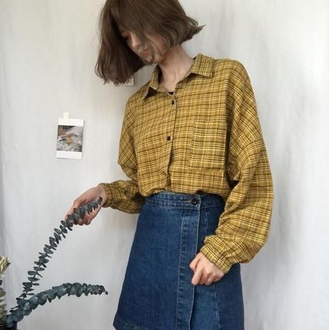 1ef91c212e30e14bf125e9374262401fdesc51278598ri Egirl Clothes, Egirl Outfits, Plaid Shirt Women, Basic Blouses, Rainbow Outfit, Yellow Plaid, Vintage Plaid, Retro Chic, Long Sleeve Mini Dress