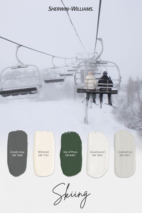 Bring your love for the slopes to your next DIY painting project with this skiing-inspired palette from Sherwin-Williams. Tap to order free color chips then stop by your neighborhood store to find the paint and supplies you need to get started. #sherwinwilliams #paint #painting #diy #renovation #colorinspiration #paintinspiration #decor #interiordesign #colorpalette #skiiing Lodge Color Palette, Ski Lodge Interior, Ski Chalet Decor, Ski Chalet Interior, Paint Color Swatches, Interior Wall Colors, Ski Lodge Decor, Paint Trends, Mountain Artwork