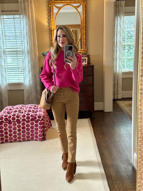 Tan Pants Winter Outfit, Tan Pants Outfit Winter, Tan And Pink Outfit, Bright Pink Sweater Outfit, Pink And Tan Outfit, Pink And Khaki Outfit, Pink Sweater Outfit Winter, Hot Pink Sweater Outfit, Tan Pants Outfit