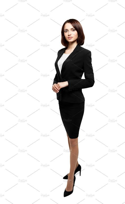 Successful business woman isolated over white by sport&beauty stock photo on @creativemarket Corporate Posing Women, Corporate Poses Business Women, Corporate Attire Photoshoot Ideas, Business Woman Pose Standing, Corporate Female Portrait, Corporate Photoshoot Women Pose, Full Body Professional Photo, Formal Poses For Women, Corporate Headshots Women Poses Standing