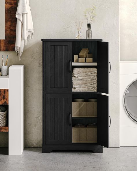 PRICES MAY VARY. Adjustable Storage Space: This bathroom cabinet has an upper and a lower cabinet and has two adjustable shelves that can be adjusted to 3 different positions, providing plenty of room with varying heights for your hair dryer, towels, toiletries, shower supplies and more Selected Quality & Size: This storage cabinet is made from high-quality engineered wood and decorative silhouette and natural color palette that gives your room an attractive. Size: (D)11.7 x (W)23.5 x (H)43.2 In Vintage Bathroom Cabinet, Cabinet Freestanding, Bathroom Storage Unit, Black Wood Floors, Black Cabinets Bathroom, Small Bathroom Storage Cabinet, Freestanding Cabinet, Bathroom Floor Storage Cabinet, Bathroom Towel Storage