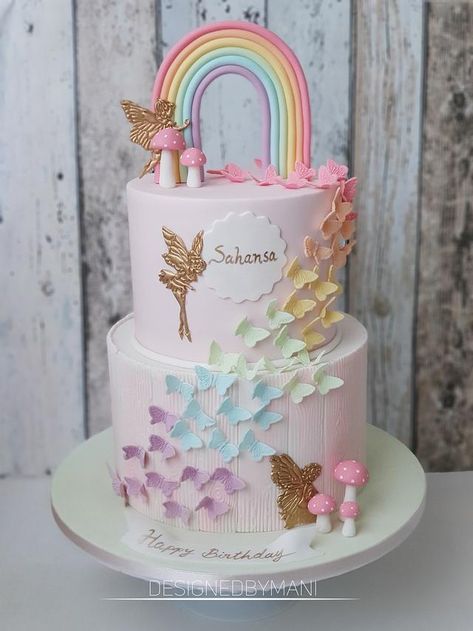 Butterfly And Rainbow Birthday Party, Rainbow Butterfly Cake Birthday, Rainbow Butterfly Themed Birthday Party, Fairy Butterfly Birthday Cake, Butterflies And Rainbows Birthday, Pink Fairy Birthday Cake, Birthday Cakes For Baby Girls 1st, Butterfly And Fairy Birthday Party, Unicorn And Fairies Birthday Party