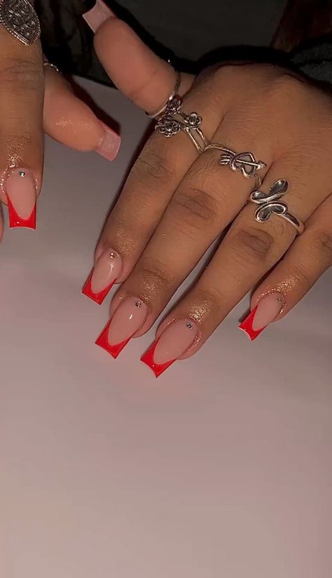 Red French Tip Birthday Nails, Vday French Tip Nails, Red And White French Tip Acrylic Nails, Simple Red Acrylic Nail Ideas, Red French Tip Valentines Day Nails, Red Nail Designs French Tips, French Red Nails Ideas, Red French Tip Nails With Gems, White Nails With Red French Tip