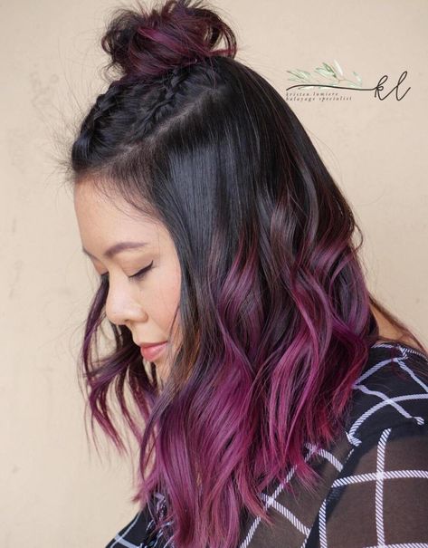 Dark Brown Hair With Burgundy Balayage Dark Brown Hair With Burgundy, Brown Hair With Burgundy Balayage, Brown Hair With Burgundy, Lavender Ombre Hair, Lavender Hair Ombre, Burgundy Brown Hair, Burgundy Balayage, Lavender Ombre, Black Hair Ombre