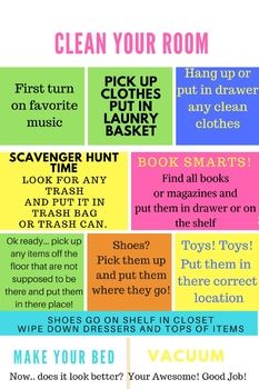 Clean your room is so vagueLet's tell them how to do itAnd make it funI will gladly alter to your needs if you message me. Room Cleaning Tips, Clean Your Room, Cleaning Painted Walls, Cleaning My Room, Kids Cleaning, Vinegar Cleaning, Deep Cleaning Tips, Chores For Kids, Clean Dishwasher