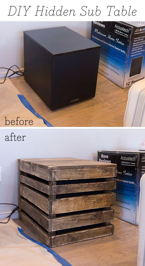 DIY Wood Side Table / Subwoofer Enclosure | Jenna Sue Design Blog How To Hide Speakers, How To Hide Speakers Living Rooms, Hide Speakers In Living Room, Diy Wood Side Table, Home Theater Subwoofer, Room Speakers, White Slipcovers, Jenna Sue, Subwoofer Enclosure