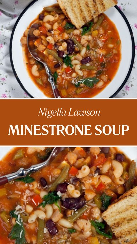 Nigella Minestrone Soup Traditional Minestrone Soup, Minestrone Soup Recipe Italian, Minestrone Vegetarian, Tomato Macaroni Soup, Beef Minestrone Soup, Green Beans Tomatoes, Dinner Vegetables, Meal In A Bowl, Nigella Lawson Recipes