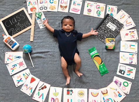 Back to School Baby Monthly ideas Back To School Infant Photoshoot, Back To School Newborn Photos, Back To School Baby Photoshoot, August Milestone Picture Ideas, Preschool Photography, Monthly Ideas, Baby Milestone Chart, Milestone Chart, Back To School Pictures