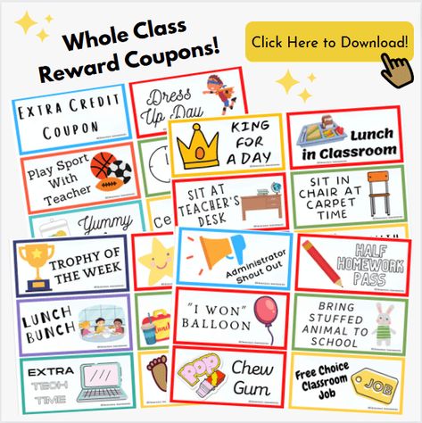 76 Incredible Ideas For Whole Class Rewards (w/Free Coupons) Classroom Sticker Reward System, Kindergarten Class Incentives, Classroom Coupons For Rewards, Free Class Rewards, Classroom Coupons Free, Classroom Rewards Ideas, Whole Class Reward Ideas, Student Reward Ideas, Class Reward Ideas