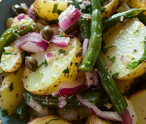 Potato Green Bean Salad, Potato And Green Bean Recipe, Uncommon Kitchen, Potato Salad With Green Beans, Potato And Green Bean Salad, Vinegar Potato Salad, Green Bean Potato Salad, Potato And Green Bean, Bean Salads