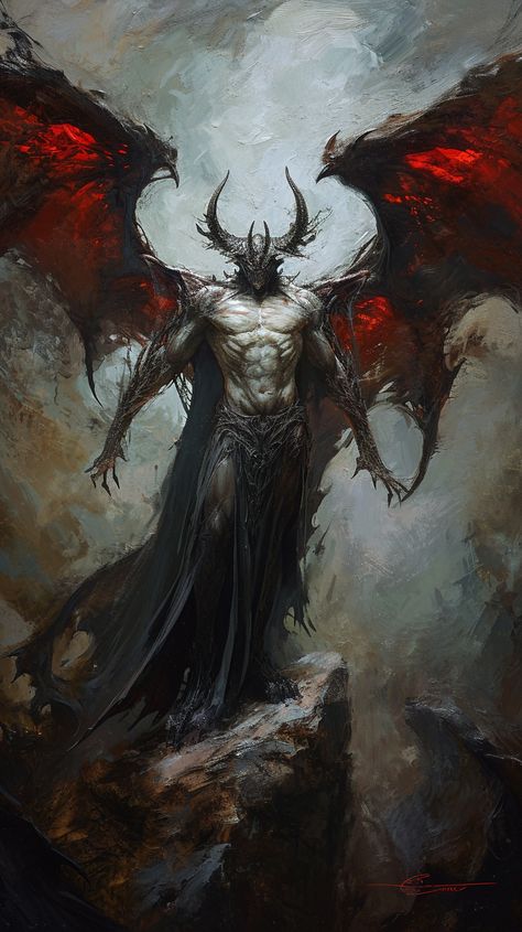 Winged Demon Art, Dnd Asmodeus, Dark Demon Art, Demonic Artwork, Fantasy Demon Art, Demon King Art, Demon Art Dark, Demonology Demons, Demon With Wings