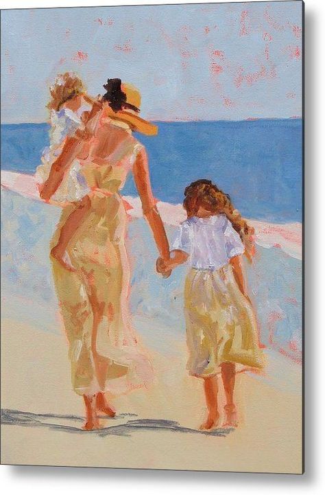 Mother And Two Daughters, Mother Daughter Art, Mother Art, Two Daughters, Mother And Daughter, Beach Scenes, Beach Art, Mother And Child, Mothers Love