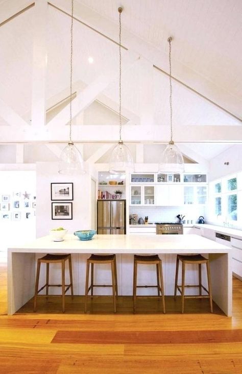 Sloped Ceiling Lighting, Vaulted Ceiling Lighting, Vaulted Ceiling Kitchen, Beach Style Kitchen, Coastal Kitchen Design, Slanted Ceiling, Beach House Kitchens, Pendant Lighting Dining Room, Kitchen Ceiling Lights