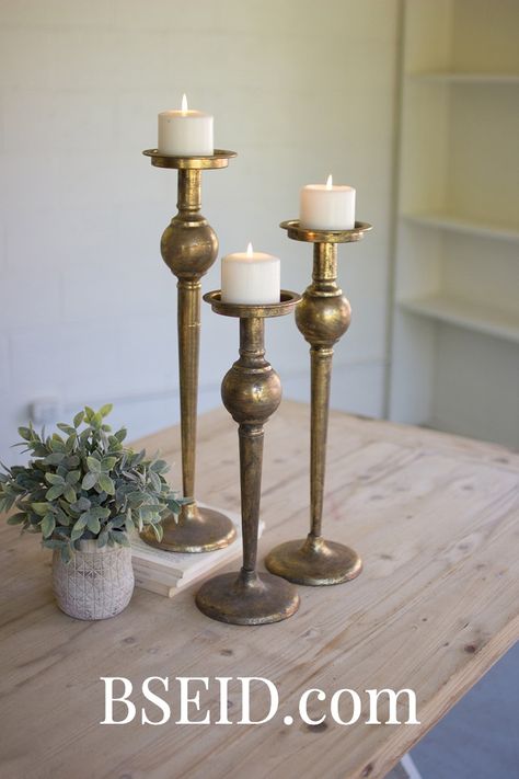 Add an intimate glow to a fall table with these antique brass candle sticks. Effortlessly elegant fall decor for living room, mantle or entry table. Metal Candle Stand, Farmhouse Candle Holders, Painted Fox Home, Antique Brass Candlesticks, Farmhouse Candle, Farmhouse Style Lighting, Tall Candlesticks, Farmhouse Candles, Candle Stands