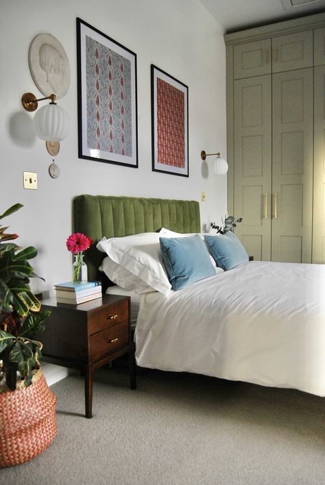 Tour a Remodeled Period Property Not Touched for Decades | Apartment Therapy Bedroom With Green Headboard, Where To Put A Bed In A Bedroom, Modern Eclectic Interior Design Bedroom, Couple’s Bedroom, Art Over Dresser, Blank Wall Bedroom Ideas, Velvet Green Bed, Green Bed Decor, Made Bed Aesthetic