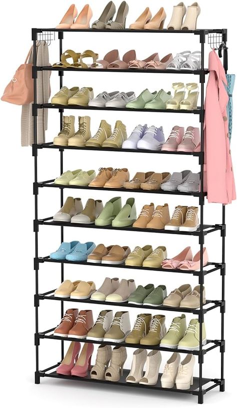 【Large Capacity 10 Tier Wide Shoe Rack】The 10 tier shoe organizer can store up to 50 pairs of adult shoes, and you can remove one layer to fit long boots. This shoe organizer is not only suitable for shoes, but also for bags, toys, towels, sundries, books, plants and small accessories. Shoe storage with 10 hooks, you can hang keys, umbrellas, bags, etc., very practical design. 【Sturdy Material & Compact Structure】The tall shoe rack is made of durable waterproof non-woven fabric layers, reinforc Shoe Storage For Garage, Tall Shoe Rack, Garage Shoe Storage, Industrial Shoe Rack, 2 Tier Shoe Rack, Large Shoe Rack, 4 Tier Shoe Rack, Metal Shoe Rack, Stackable Shoe Rack