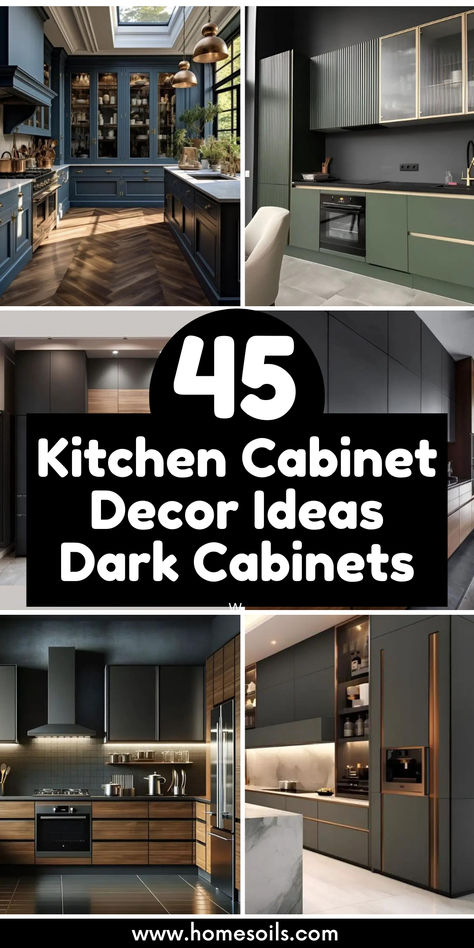 Discover 45 kitchen cabinet decor ideas for dark cabinets! Explore stylish color pairings, lighting enhancements, and hardware choices that elevate the elegance and warmth of your kitchen. Perfect for creating a sophisticated and modern cooking space. Dark Colored Cabinets Kitchen, Farmhouse Dark Cabinets, Dark Kitchen Cabinet Ideas, Dark Green And Black Kitchen, Dark Grey Cabinets Kitchen, Kitchen Dark Cabinets, Kitchen With Dark Cabinets, Cabinet Decor Ideas, Black And Grey Kitchen