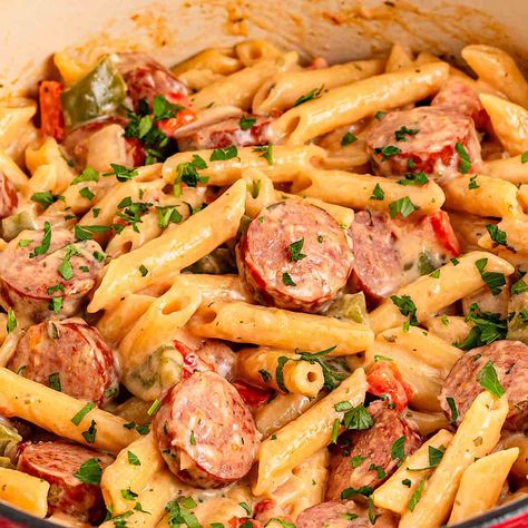 Smoked sausage pasta Quick Smoked Sausage Recipes, Dinner Recipes With Polish Sausage, Smoked Sausage Pasta Crockpot, Kielbasa And Bowtie Pasta, Pepper Jack Sausage Recipes, Sausage Link Pasta Recipes, One Pan Cheesy Smoked Sausage And Pasta, Kelbeisa Sausage Pasta Recipes, Pasta Smoked Sausage Recipes