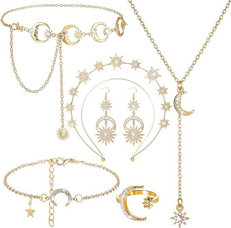 Amazon.com: Glenmal 6 Pcs Star Crown Moon Star Headband Necklace Belt Drop Earrings Bracelet Ring Set for Women Boho Bridal Wedding (Gold): Clothing, Shoes & Jewelry Moon Goddess Costume, Sun And Moon Costume, Moon Costume, Moon Accessories, Tiaras Jewellery, Halo Crown, Star Headband, Moon And Star Earrings, Wedding Gold