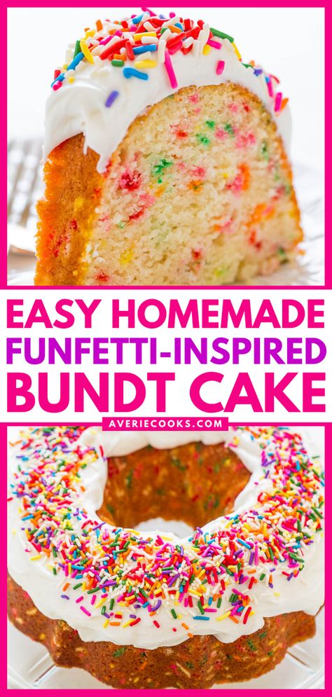 NO cake mix in this 100% HOMEMADE funfetti cake and it tastes amazing!! Fast, EASY, and the BEST scratch funfetti cake recipe! Funfetti Bundt Cake, Funfetti Cake Mix Recipes, Homemade Funfetti Cake, Funfetti Cake Recipe, Bunt Cake Recipe, Cake Recipes For Beginners, Mothers Day Desserts, Birthday Cake For Mom, Cake From Scratch