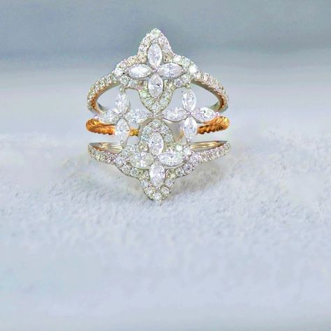 Diamond Flower Triple Rope Fashion Ring in 18k Tri-Color Gold - (#91-RGDIA 467882) - Divine & Timeless Jewelry. #jewelry #ring #weedingrings #bestrings #giftideas #bestgift #giftforher #giftforbelovedone #giftideas2021 #jewelryhouse Diamond Finger Ring, Diamond Pendants Designs, Rope Rings, Jewellery Sketches, Stack Ring, Earrings Design, Diamond Jewelry Designs, Popular Fashion, Fancy Diamonds