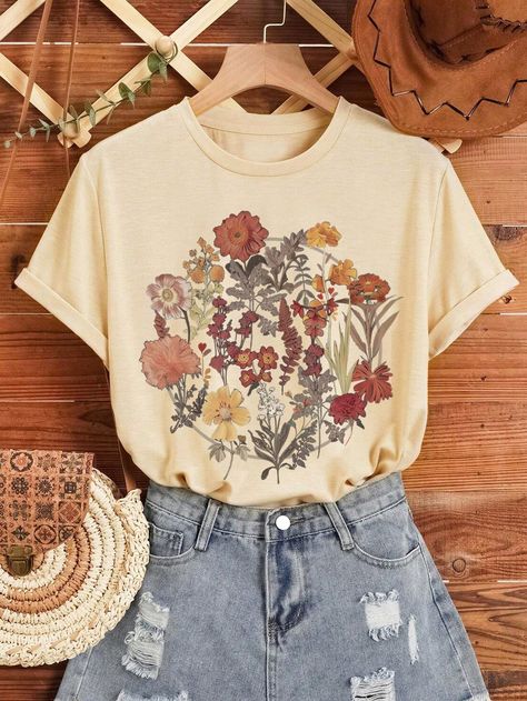 Teen Girl Pressed Flowers T-Shirt, Boho Wildflowers Shirt, Plant Shirts, Vintage Botanical Tee, Pastel Floral Nature Shirt, Garden Lover Gift, Casual Short Sleeve Tee Suitable For Summer Camel Casual  Short Sleeve Knitted Fabric Animal,Floral,Plants  Slight Stretch  Teen Girls Clothing, size features are:Bust: ,Length: ,Sleeve Length: Pretty T Shirts, Cute Vintage Shirts, Flower Aesthetic Outfits, Nature Outfits Aesthetic, Plant Shirts, Adrette Outfits, Womens T Shirts