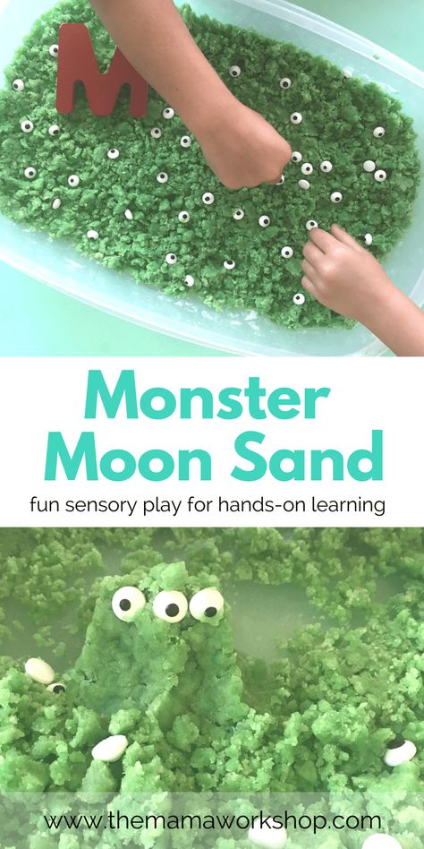 Make this Monster Moon Sand with your kiddos and have such a fun time! Dig your hands in and mold shapes and creatures. Such a fun sensory activity! Monster Activities For Preschool, Monster Activities, Moon Sand, Halloween Sensory, Monster Craft, Monster Crafts, Sensory Crafts, Monster Theme, Sensory Activity