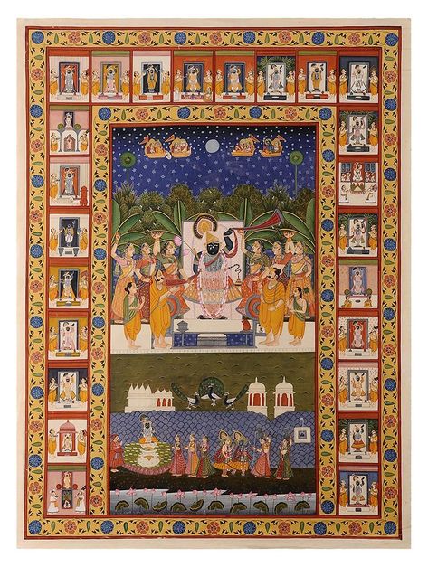 Buy Multi Color Pichwai Painting with Shrinath Ji in Different Forms 47in x 35in Hand Painted Mix Media on Silk Art Decorative Online at Jaypore.com Wallpaper For Pooja Room, Pichwai Wallpaper, Pichvai Painting, Painting Motifs, Santana Dharma, Shree Nathji, Pichwai Art, Pichwai Painting, Krishna Statue