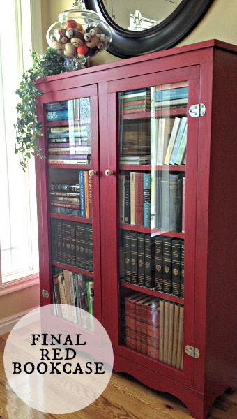 There are so many options for redoing an old piece of furniture. When I decided the original wood on this bookcase needed to be painted over, I lived with the wrong(?) paint color choice for over a year, then I got it right! This is how it looked originally. Honestly, there wasn't anything wrong with it, but you know how it is . . . sometimes you just need to change things up. This is a peek at all the colors in between, including the primer color. Before the final red color co… Painted Furniture Ideas Colors, Bookcase Painting, Red Bookcase, Stairway Makeover, Painted Bookcase, Red Painted Furniture, Painted Furniture Ideas, Painting Bookcase, Paint Accents