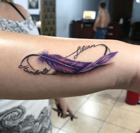 160+ Infinity Tattoo With Names, Dates, Symbols And More (For Women) Infinity Feather Tattoo, Bracelet Tattoos With Names, Infinity Tattoo Ideas, Infinity Name Tattoo, Infinity Feather, Infinity Tattoo With Feather, Infinity Couple Tattoos, Infinity Symbol Tattoo, Infinity Tattoo Designs