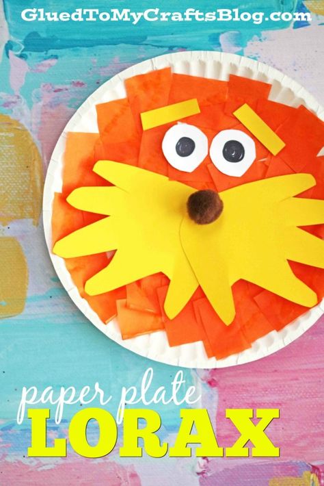 Paper Plate Lorax - Kid Craft Lorax Craft, Dr. Seuss Crafts, Dr Seuss Preschool Activities, Dr Seuss Art, Dr Seuss Preschool, Dr Seuss Activities, Dr Seuss Crafts, March Crafts, Seuss Crafts