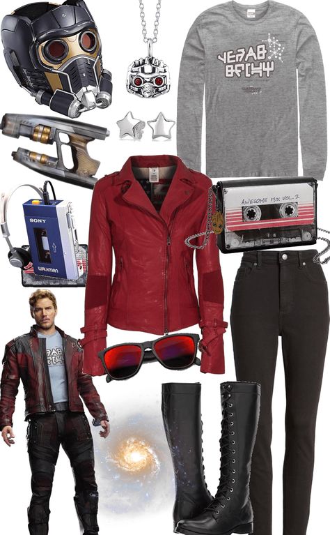 Peter Quill aka Star-Lord outfit ideas | Peter Quill aka Star-Lord Star Lord Inspired Outfit, Star Lord Disneybound, Peter Quill Outfit, Starlord Disneybound, Easy Marvel Cosplay, Peter Quill Costume, Super Hero Outfits For Women, Starlord Costume, Tall Black Combat Boots