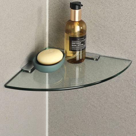 PRICES MAY VARY. 2/7 INCH THICKEN TEMPERED GLASS - The glass shelf for bathroom with 2/7 thick reinforced tempered glass which is up to five times stronger than ordinary glass and has high thermal strength. Glass bathroom shelf without fussy border, neat and elegant appearance to stand out in any surrounding. LARGE STORAGE CAPACITY & SPACE SAVING - The overall dimension of glass floating shelves is 10”W X 10”D X 4/5”H. The max. load of each bathroom glass shelf is 33lbs. Its extra longer length Floating Shower Shelves, Shower Shelf Ideas, Glass Shelves For Bathroom, Bathroom Glass Shelves, Bathroom Mirror Inspiration, Bathroom Glass Shelf, Large Wall Clock Decor, Glass Corner Shelves, Wrought Iron Bed Frames