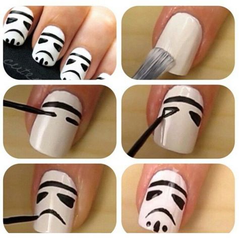 Storm trooper Disney Star Wars Nails, Star Wars Inspired Nails, Stormtrooper Nails, Star Wars Nails Designs, Storm Trooper Nails, Star Wars Nail Art, Star Wars Nails, Nails Cartoon, Disneyland Nails