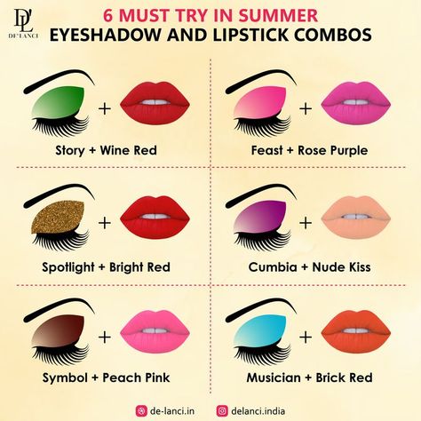 6 Must- Try  Summer Quick Eye Makeup Tutorial, Lipstick Combos, Face Makeup Guide, Conturing Makeup, Quick Eye Makeup, Eyeshadow Styles, Glossy Lips Makeup, Makeup Charts, Vibrant Makeup