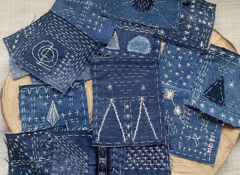 Sashiko Embroidery Patterns, Boro Patches, Mending Denim, Sashiko Jeans, Sashiko Mending, Creative Mending, Sashiko Jacket, Creative Stitches, Sewing Beginners