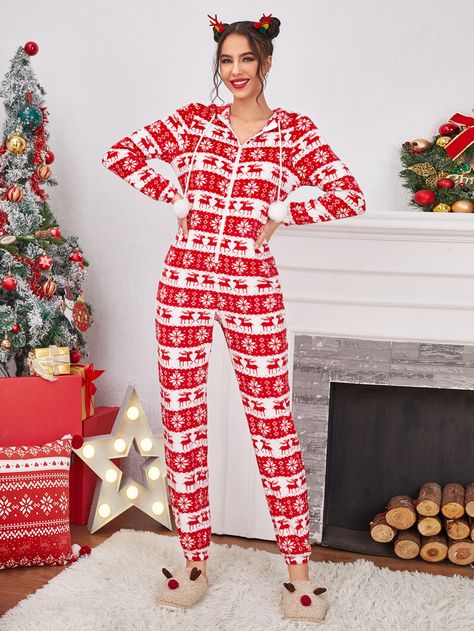 Red Casual  Long Sleeve Flannel Christmas Sweatshirt Embellished Slight Stretch Fall/Winter Women Jumpsuits & Bodysuits Christmas Romper Women, Happy Hour Dress, Flannel Christmas, Womens Onesie, Beyonce Outfits, Christmas Romper, Fashion Artwork, Embellished Sweatshirts, Hooded Flannel