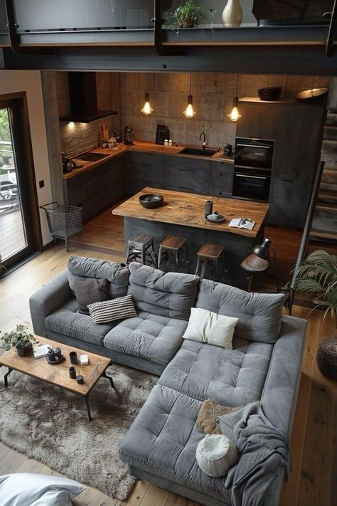 Loft Style Decor Ideas, Loft Style Living Room Interior Design, Small Apartment Industrial Design, Small House Kitchen And Living Room, Small Interior House Design, Extra Living Room Space Ideas, Small Living Rooms Ideas, Small House Design Interior, Small Industrial Apartment